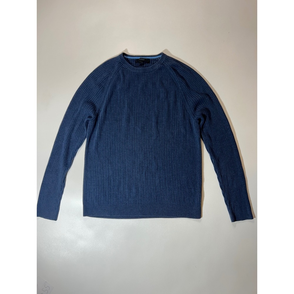 Express Ribbed Crew Neck Sweater Mens Large Blue Excellent Raglan Long Sleeve